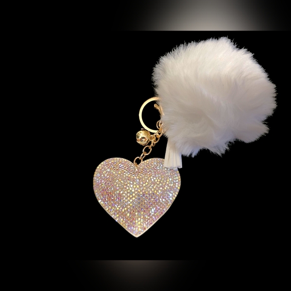 White Pom-Pom & Rhinestone Heart Bag Charm – Cute Sparkly Keychain - Picture 1 of 3